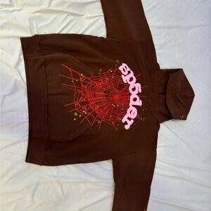 Sp5der Brown Hoodie with Red Web Design